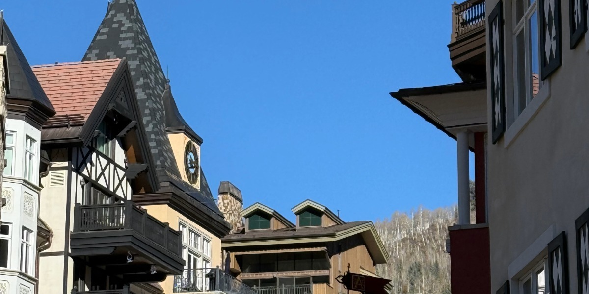 Lionshead Village in Vail on a blue sky day.