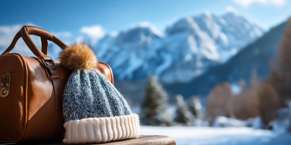 suitcase and beanie in front of mountains