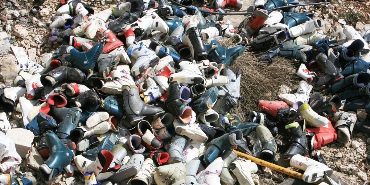 Pile of old ski boots