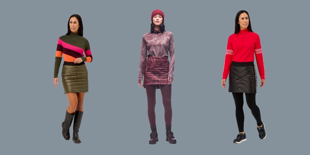 Women standing in the carving skirt, the glide skirt and the boon skirt.