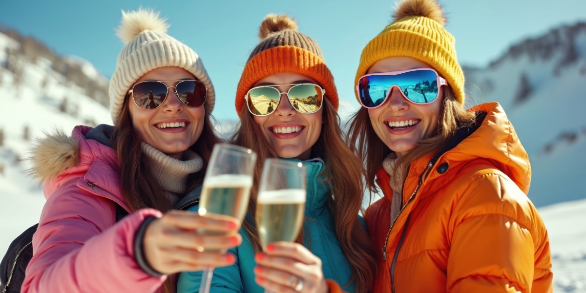 Women at apres ski in the mountains with prosecco