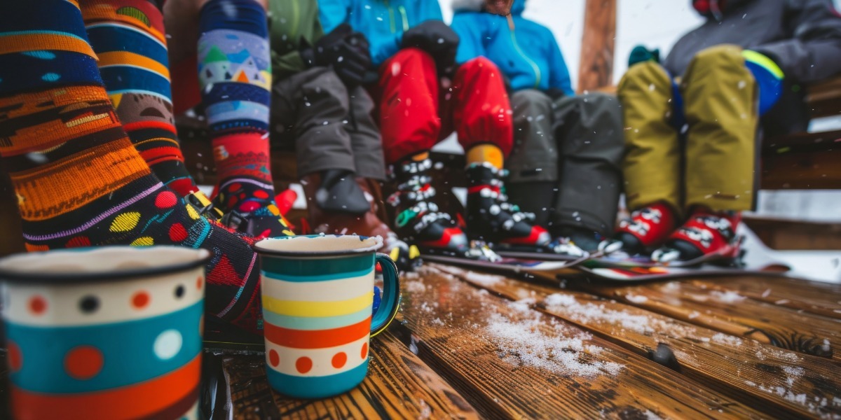 Feet in socks on a deck